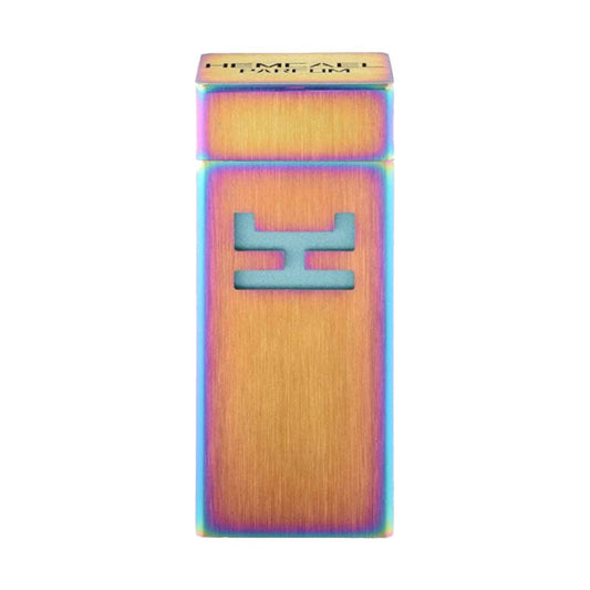 A sleek, iridescent rectangular container labeled Hemcael Otium Sample, featuring a stylized emblem on the top and a smooth metallic finish.