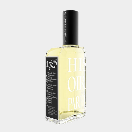 Histoires de Parfums 1725 Sample, featuring a sleek glass bottle with a black cap and a label that highlights its aromatic essence. The fragrance is contained in a clear liquid that showcases its elegant design.