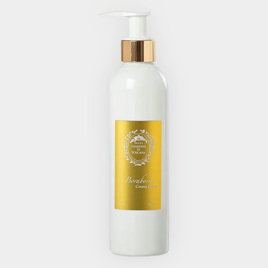 A sleek white bottle of Giardini di Toscana BoraBora Bodycream, featuring a gold pump and an elegant gold label. The product is designed to hydrate and nourish skin.