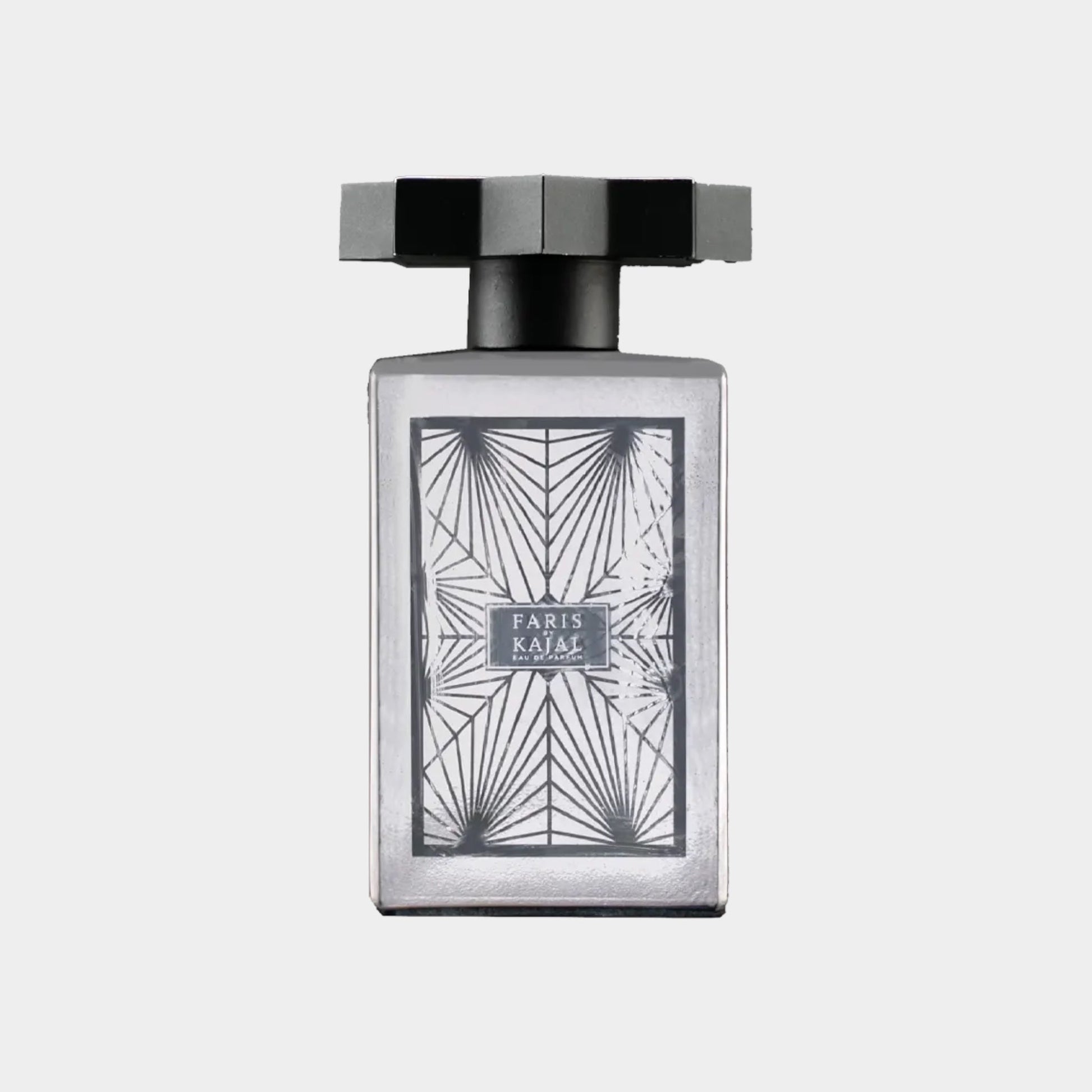 Kajal Faris full bottle, featuring a sleek, rectangular glass design with an intricate black and white pattern and a stylish black cap.