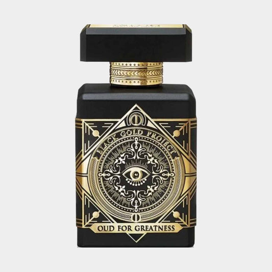 Initio Oud for Greatness Sample is a luxurious fragrance housed in a striking black and gold bottle, featuring an intricate design and a bold cap. The scent is inspired by the richness of oud, evoking a sense of opulence and sophistication.