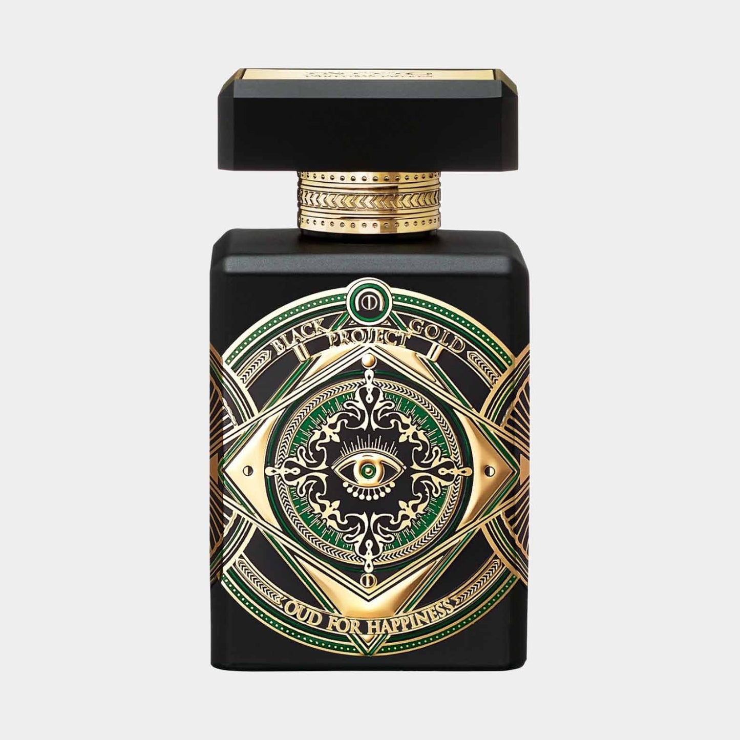 Black bottle of Initio Oud for Happiness Sample featuring ornate gold and green detailing, with a stylized eye design on the front. The luxurious packaging reflects the exotic and uplifting essence of the fragrance.