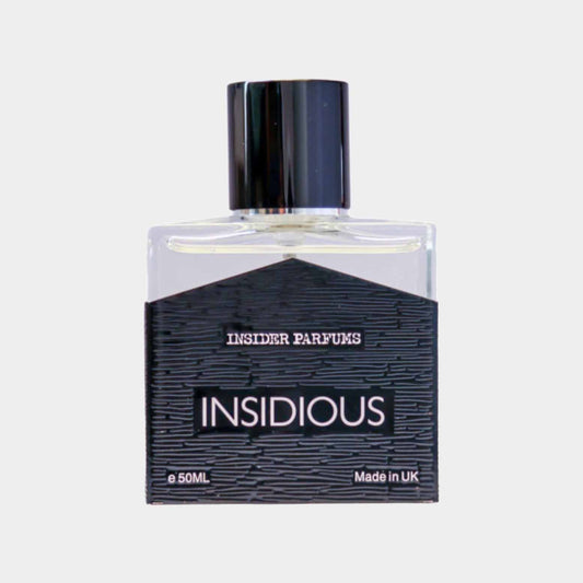 A 50ml sample bottle of Insider Parfums Insidious, featuring a sleek design with a black label and a shiny black cap. The bottle is clear, showcasing the fragrance inside.