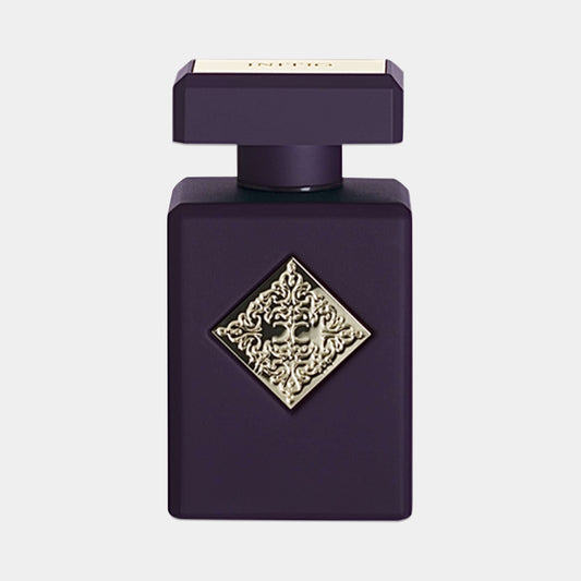 A sleek, dark purple bottle with a decorative gold emblem, containing the Initio Psychedelic Love fragrance sample. The elegant design highlights the luxurious essence of the perfume.