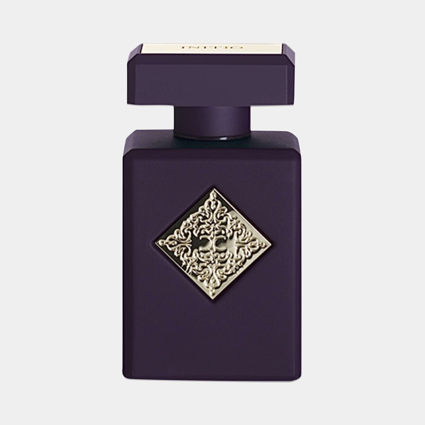 A dark purple bottle of Initio Side Effect Sample, featuring an ornate gold emblem on the front and a square cap, embodying an elegant and luxurious design.