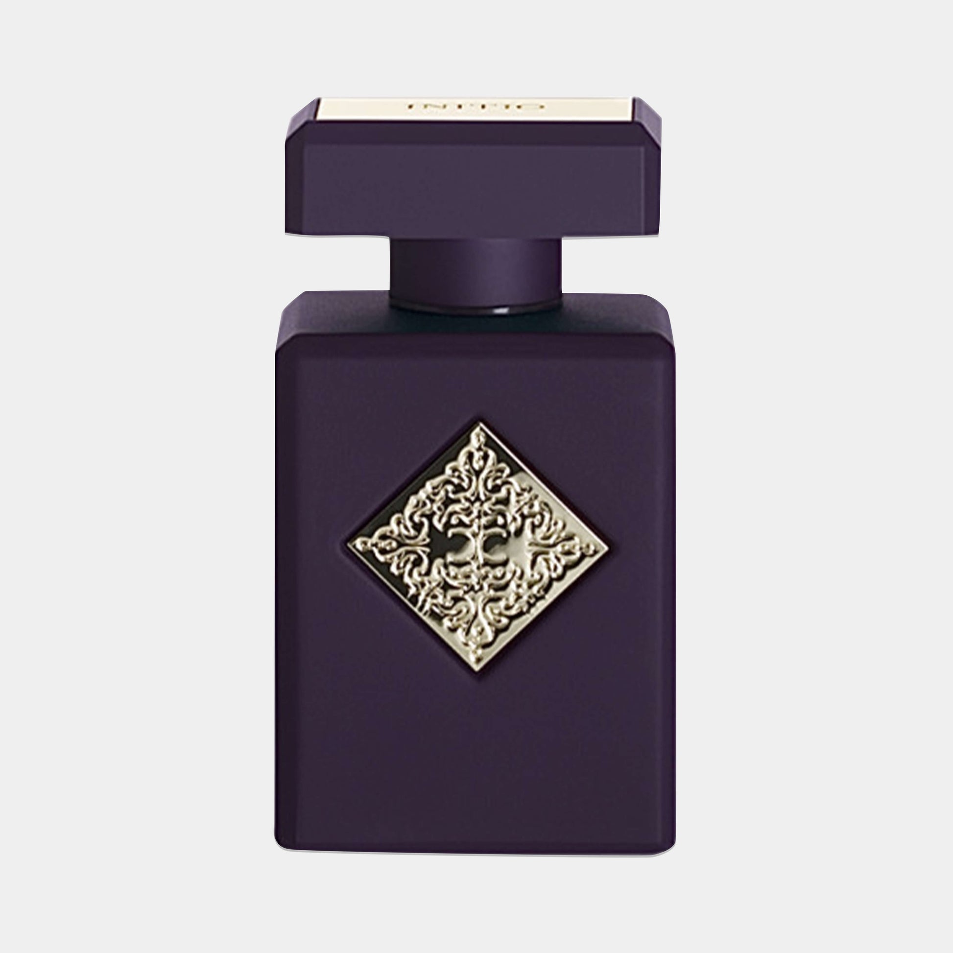 A dark purple bottle of Initio Side Effect Sample, featuring an ornate gold emblem on the front and a square cap, embodying an elegant and luxurious design.