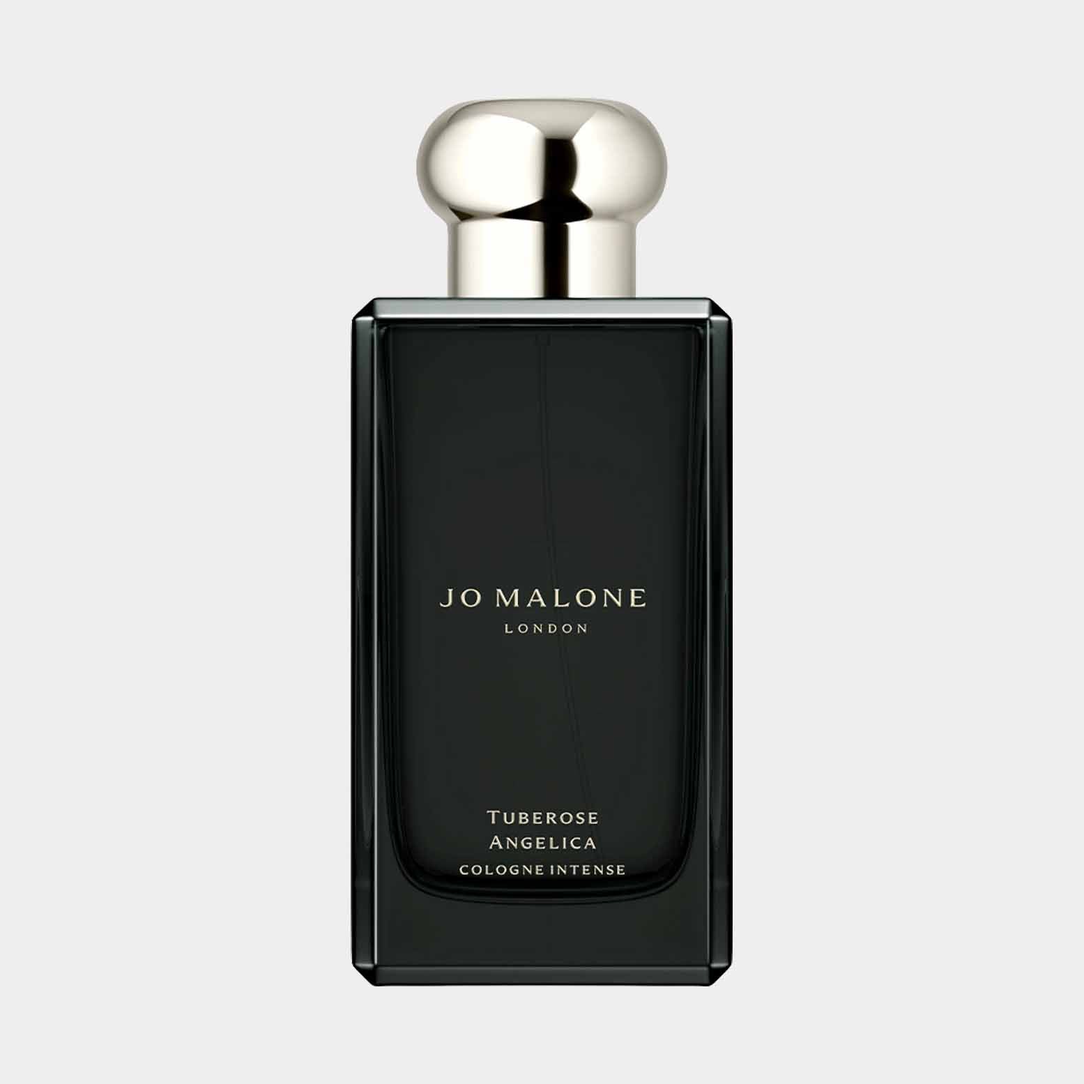 A sleek, dark bottle of Jo Malone London Tuberose Angelica Sample, featuring a polished silver cap and elegant minimalist design. The label displays the fragrance name prominently.