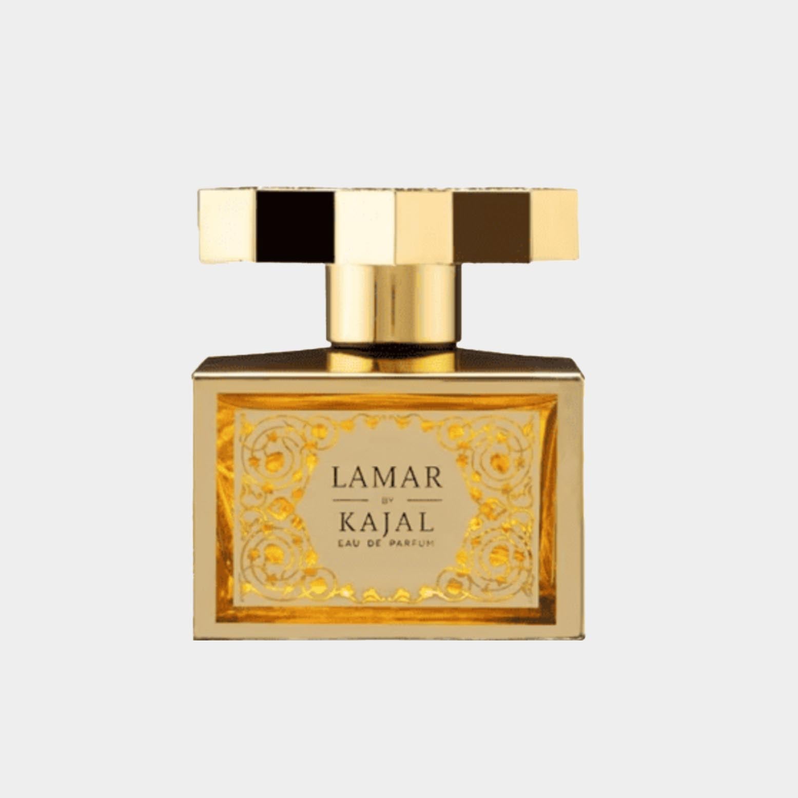 Kajal Lamar Sample is an elegantly designed perfume bottle with a gold and black cap, showcasing luxurious branding. The bottle features intricate details and is labeled Lamar by Kajal Eau de Parfum.