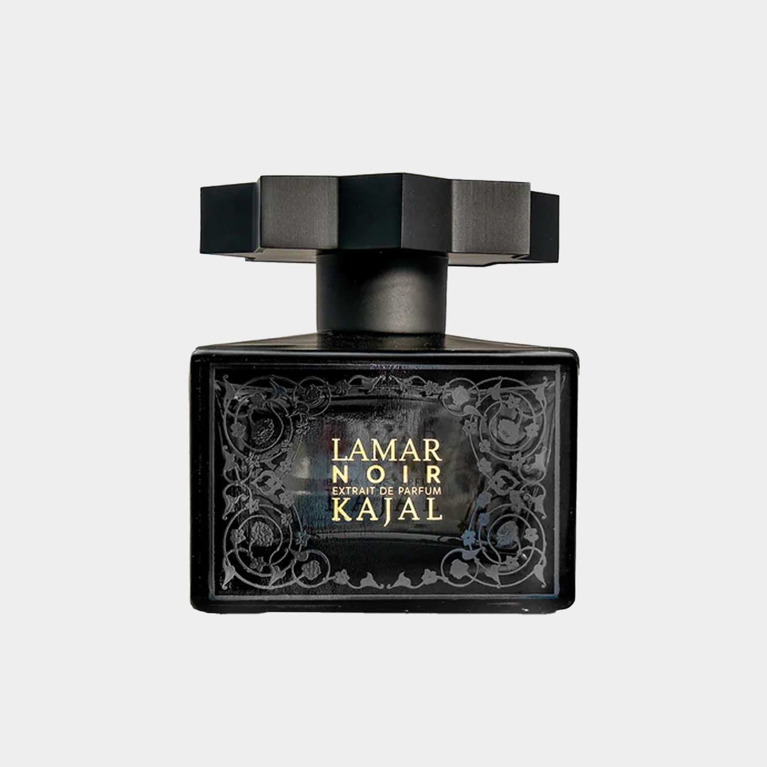 A sleek, black perfume bottle labeled 'Kajal Lamar Noir Sample', featuring an ornate design and a distinctive hexagonal cap. The bottle holds an extrait de parfum, emphasizing its luxurious scent.