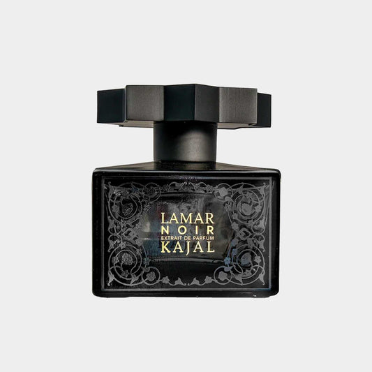 A sleek, black perfume bottle labeled 'Kajal Lamar Noir Sample', featuring an ornate design and a distinctive hexagonal cap. The bottle holds an extrait de parfum, emphasizing its luxurious scent.