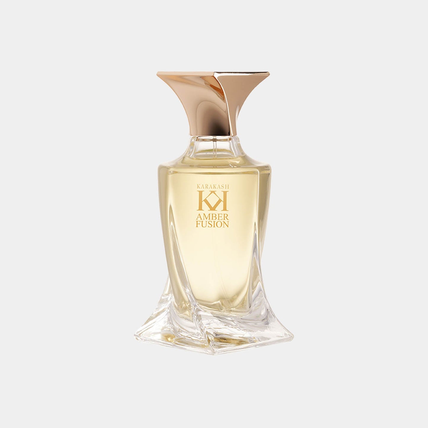 A sleek, elegant bottle of Karakash Amber Fusion Sample, featuring a golden cap and a unique, artistic design, showcasing its amber-hued fragrance.