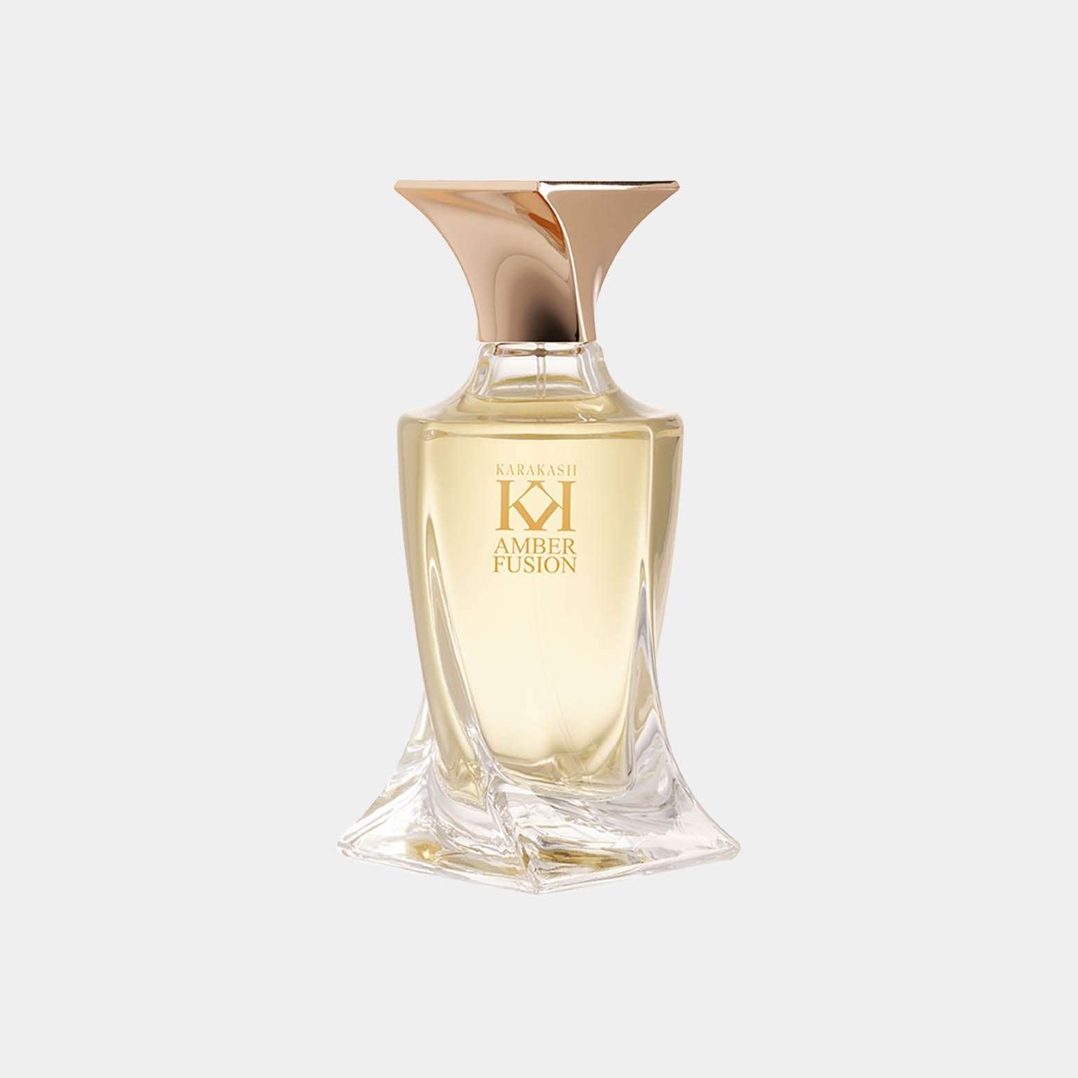 A sleek, elegant bottle of Karakash Amber Fusion Sample, featuring a golden cap and a unique, artistic design, showcasing its amber-hued fragrance.