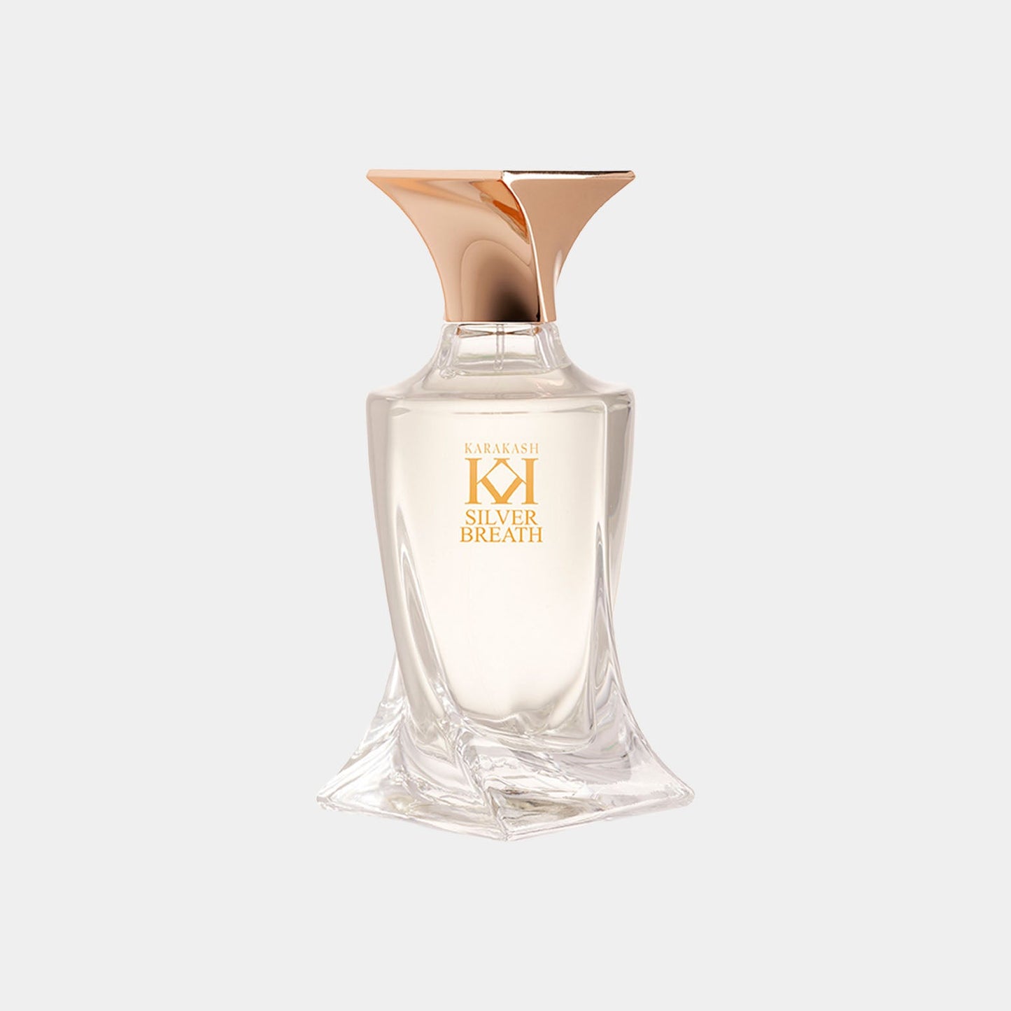 A chic, modern perfume bottle labeled 'Karakash Silver Breath Sample' features a sleek design with a gold cap and a clear body, showcasing the elegant fragrance inside.