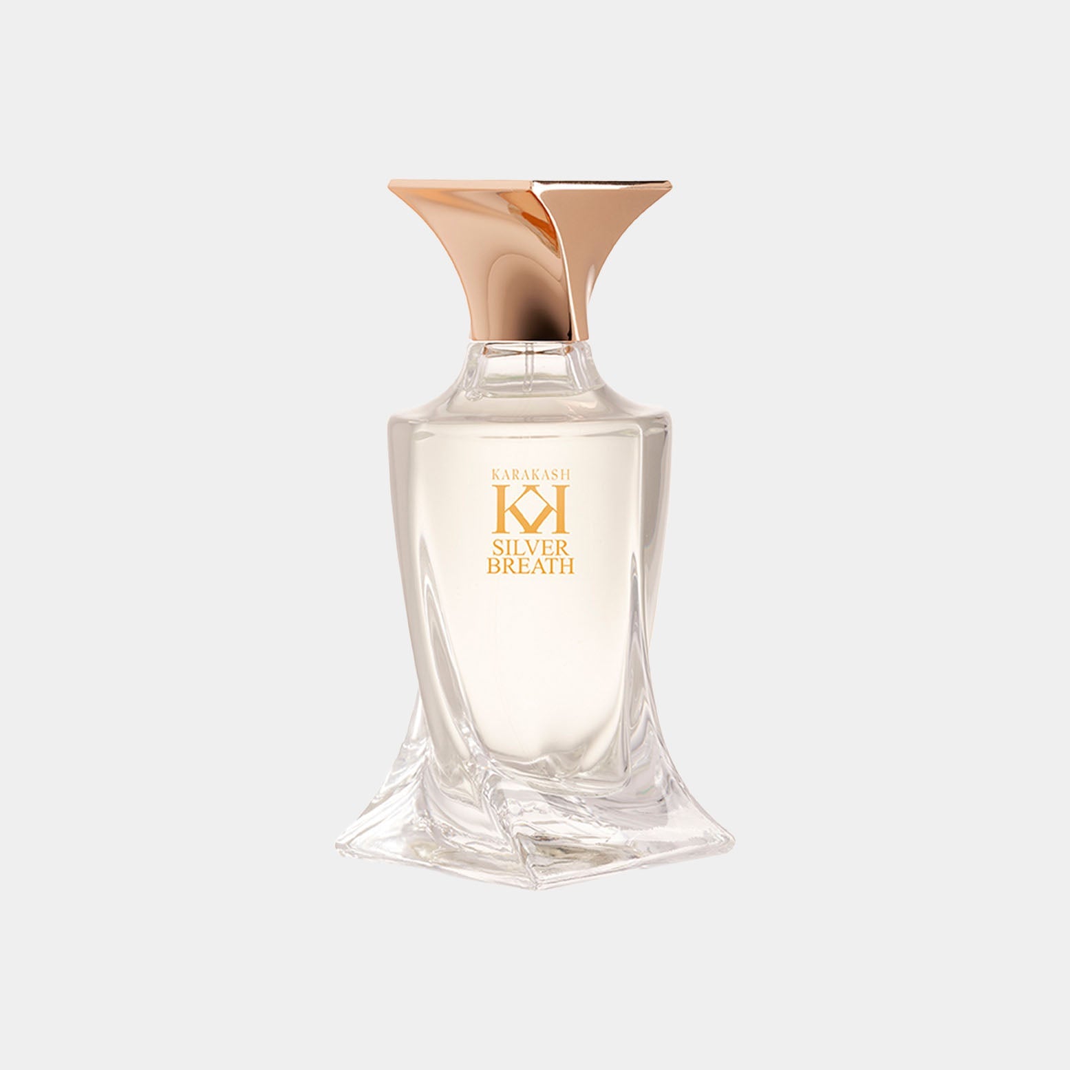 A chic, modern perfume bottle labeled 'Karakash Silver Breath Sample' features a sleek design with a gold cap and a clear body, showcasing the elegant fragrance inside.