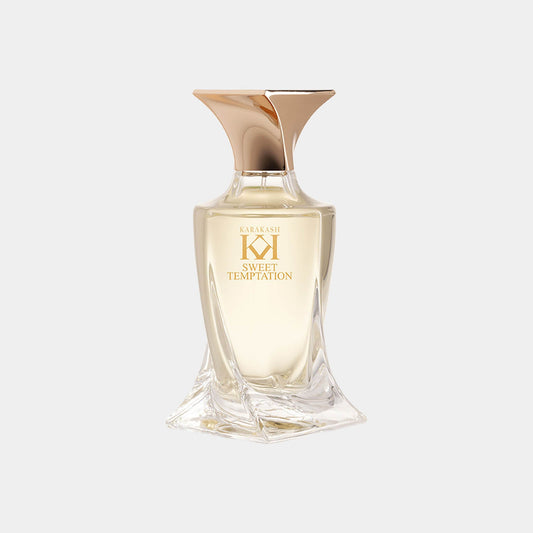 A stylish glass bottle of Karakash Sweet Temptation Sample perfume, featuring a unique silhouette and a gold-accented cap, reflecting elegance and sophistication.