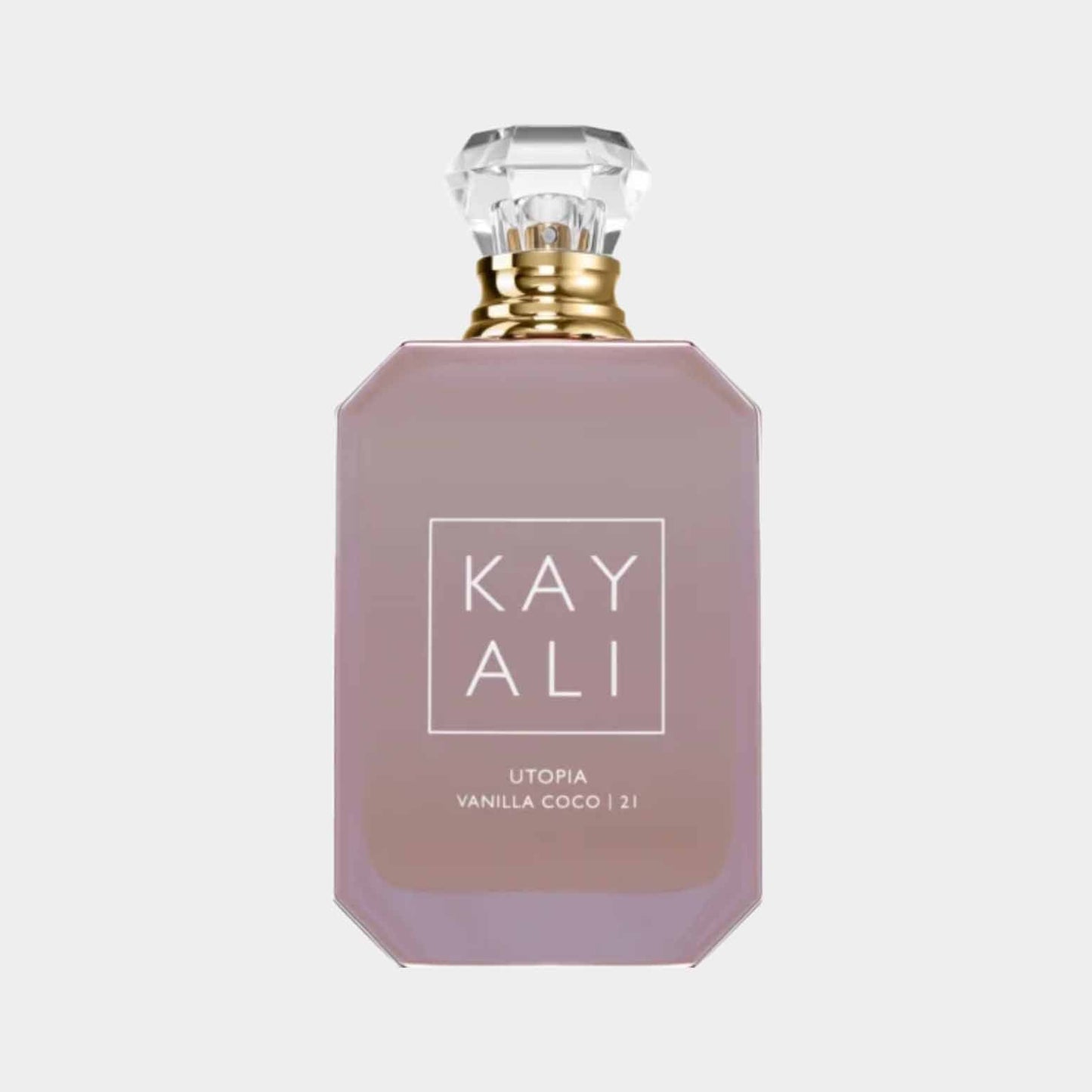 A stylish bottle of Kayali Utopia Vanilla Coco 21 perfume, featuring a sleek, pink design with a decorative cap and the brand name prominently displayed on the front.