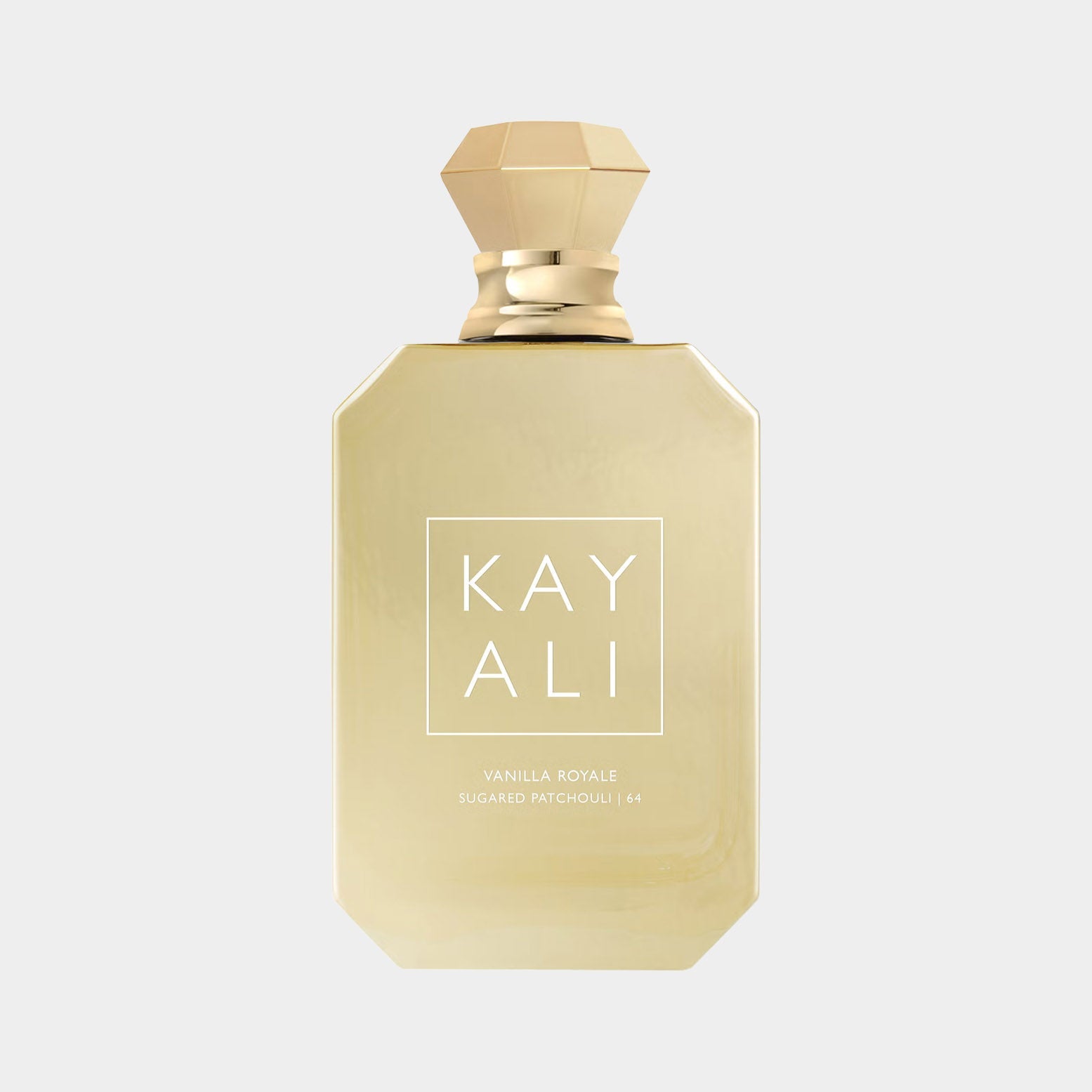 A luxurious gold bottle of Kayali Vanilla Royale Sugared Patchouli 64 Sample, featuring a faceted cap and an elegant label that highlights its sophisticated scent profile.