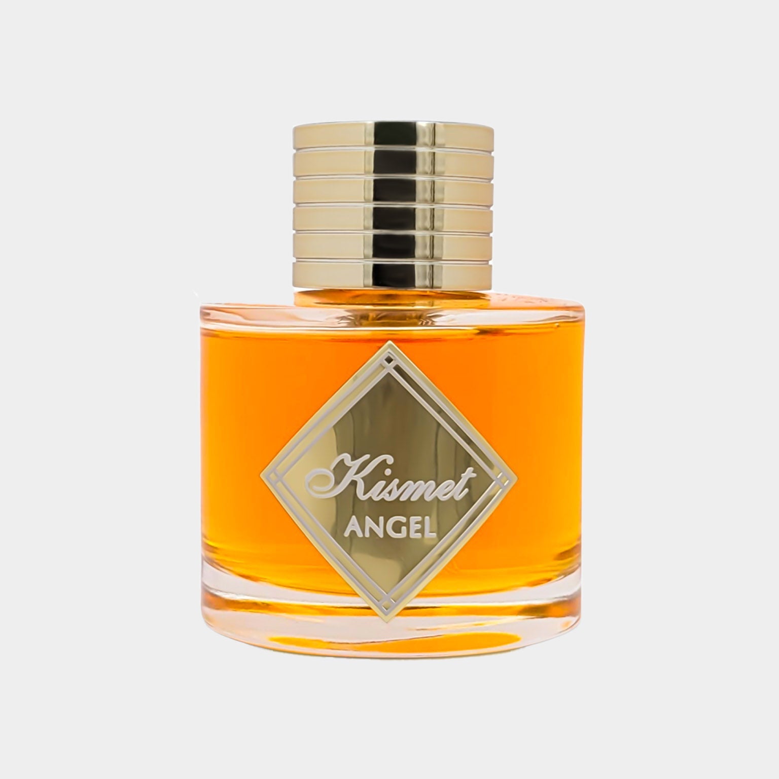 Maison Alhambra Kismet Angel Sample, featuring a sleek glass bottle with a golden cap and a vibrant amber liquid, elegantly showcasing its luxurious design.