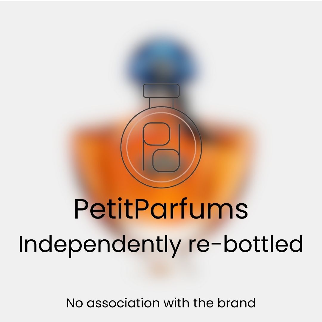 A sample bottle of Shalimar Millésime Tonka, featuring an elegant design with a blue cap and a warm amber-colored liquid inside. The image includes the text PetitParfums Independently re-bottled for clarity.