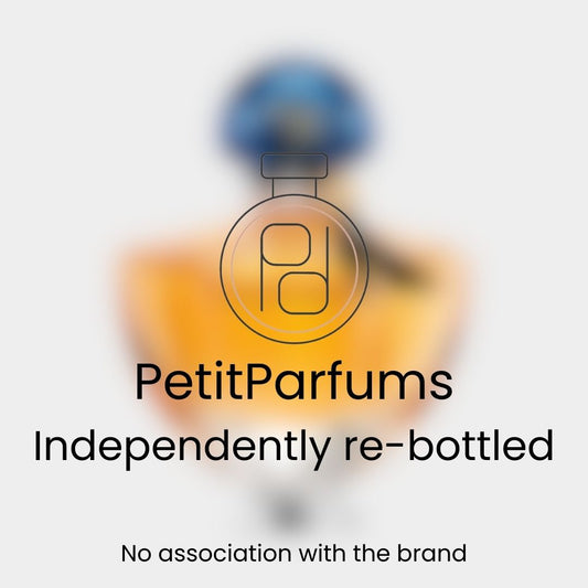 A small sample bottle of Shalimar EDP, featuring a blurred image of a classic perfume bottle design. The label indicates it is independently re-bottled by PetitParfums, with no association to the original brand.