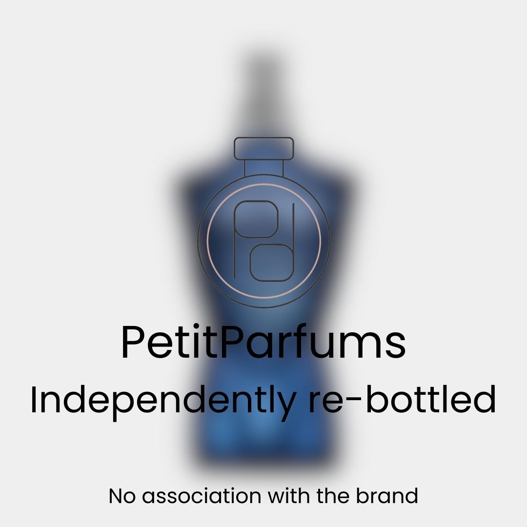 Ultra Male EDT Sample in a stylish blue bottle, featuring a distinct masculine silhouette. The product is independently re-bottled by PetitParfums, with no association to the original brand.