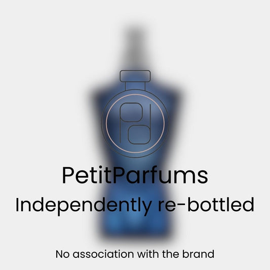 Ultra Male EDT Sample in a stylish blue bottle, featuring a distinct masculine silhouette. The product is independently re-bottled by PetitParfums, with no association to the original brand.