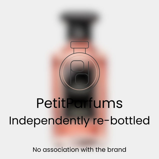 Fève Gourmande Sample, a re-bottled fragrance from PetitParfums, featuring a stylish design and a soft, blurred background.