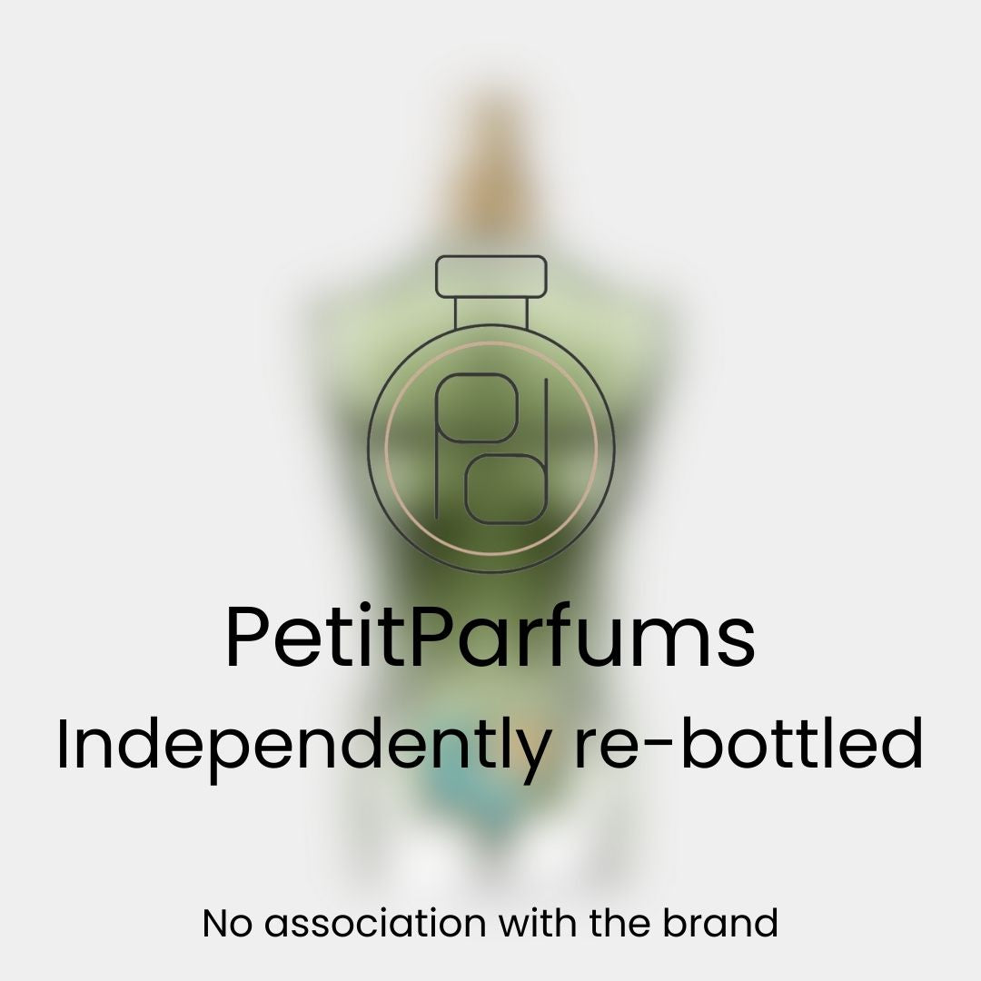 A sample bottle of 'Le Beau Paradise Garden' by PetitParfums, featuring a sleek design with a soft green tint, placed against a blurred background. The label notes that it is independently re-bottled with no association to the original brand.
