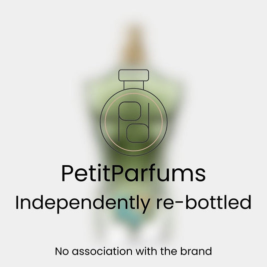 A sample bottle of 'Le Beau Paradise Garden' by PetitParfums, featuring a sleek design with a soft green tint, placed against a blurred background. The label notes that it is independently re-bottled with no association to the original brand.