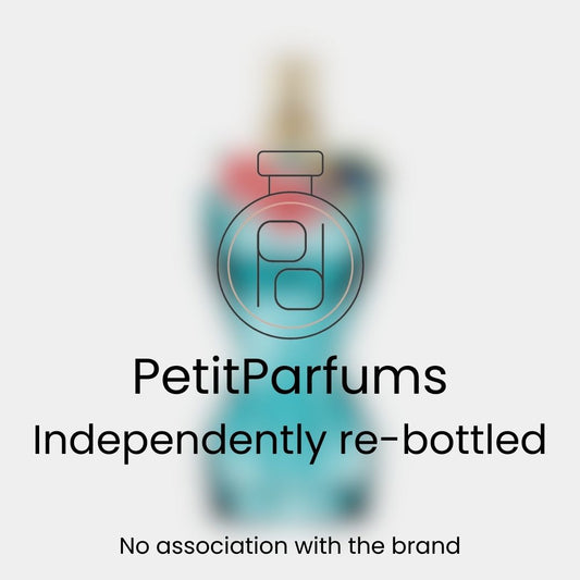 La Belle Paradise Garden Sample presented in a re-bottled turquoise container, labeled with 'PetitParfums' to indicate independent packaging.