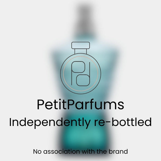 Le Male EDT Sample by PetitParfums, featuring a blurred bottle design with a classic masculine silhouette and independent re-bottling label.