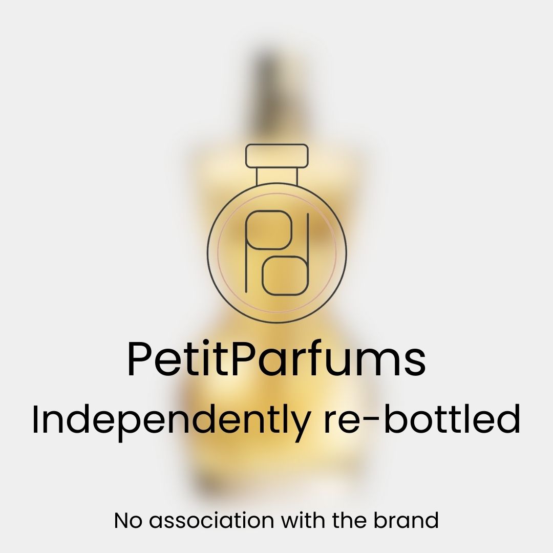 Divine Sample from PetitParfums, featuring a re-bottled fragrance in an elegant, blurred bottle design, with a logo indicating it's independently re-bottled and not associated with the original brand.