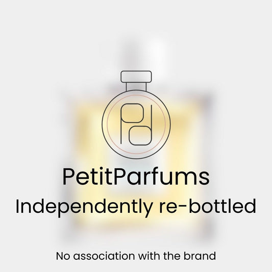 A sample bottle of L’Homme Ideal Cologne from PetitParfums, featuring a label that indicates it has been independently re-bottled with no association to the original brand.