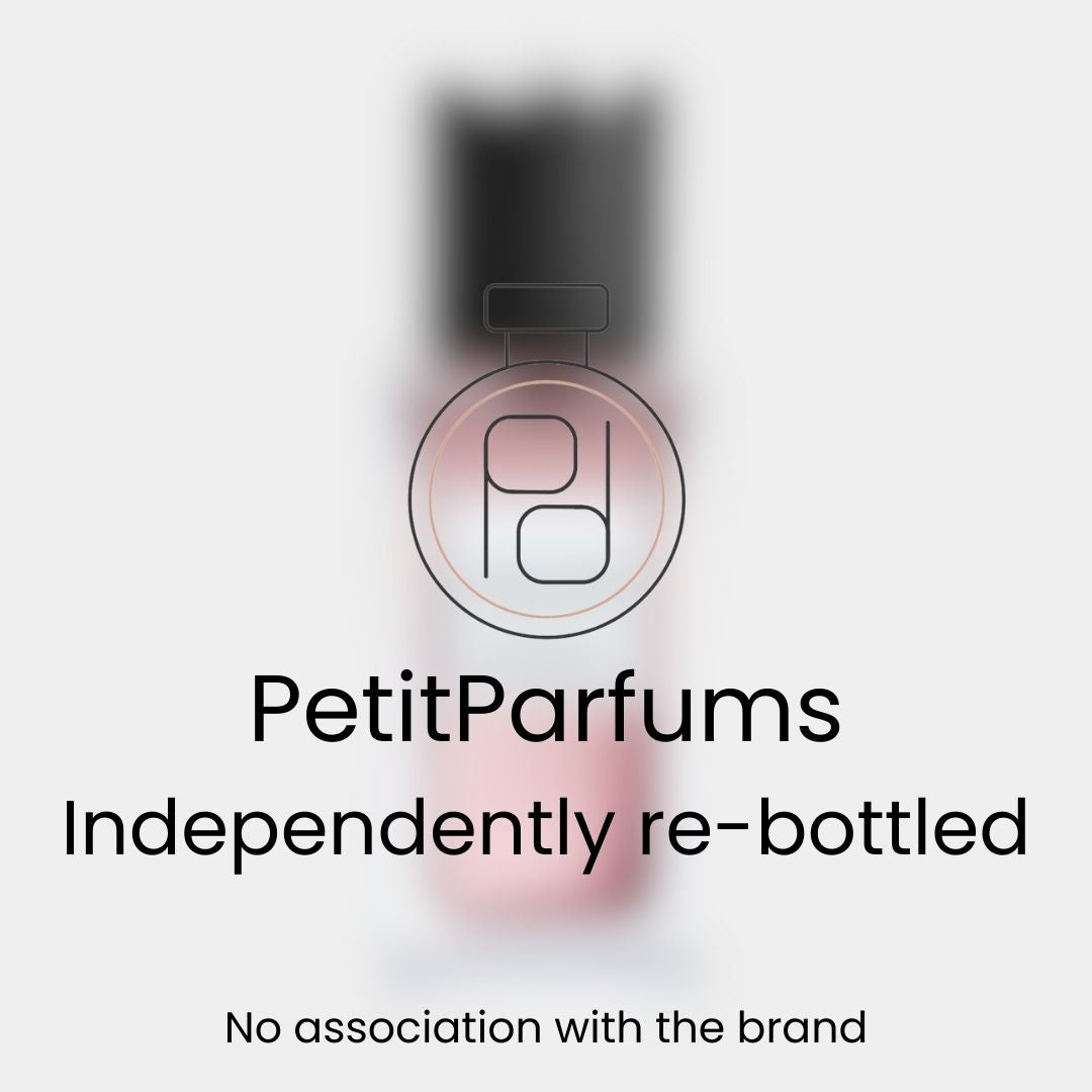 Lavallière Sample in a clear bottle with a black cap and pink liquid, featuring the Petit Parfums logo and a note indicating it is independently re-bottled with no association with the brand.