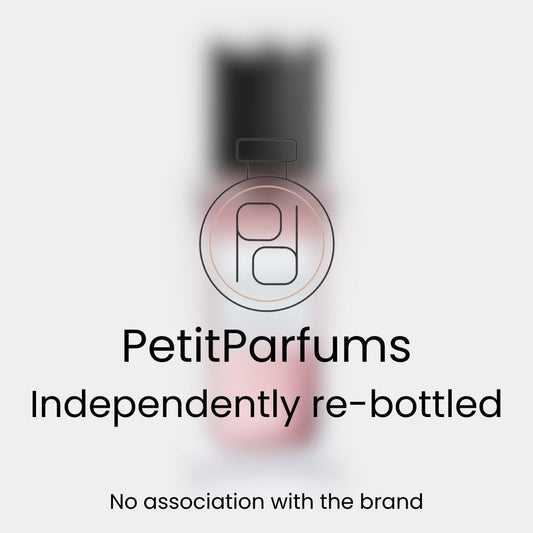 Lavallière Sample in a clear bottle with a black cap and pink liquid, featuring the Petit Parfums logo and a note indicating it is independently re-bottled with no association with the brand.
