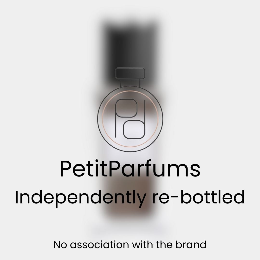 Cuir Sample is a sleek, re-bottled fragrance showcasing a minimalist design, featuring a clear glass vial with a black cap and the PetitParfums logo prominently displayed. The label emphasizes that it is independently re-bottled, with no association to the original brand.
