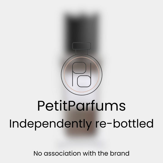 Cuir Sample is a sleek, re-bottled fragrance showcasing a minimalist design, featuring a clear glass vial with a black cap and the PetitParfums logo prominently displayed. The label emphasizes that it is independently re-bottled, with no association to the original brand.
