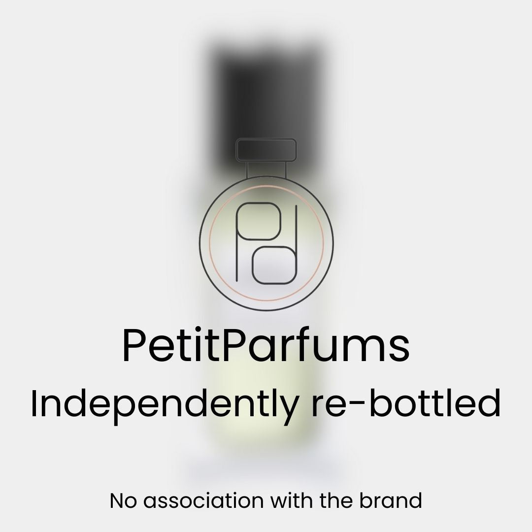 A small, elegantly designed bottle labeled as 'Grain de Poudre Sample' from PetitParfums, indicating it is independently re-bottled with no direct association to the original brand.