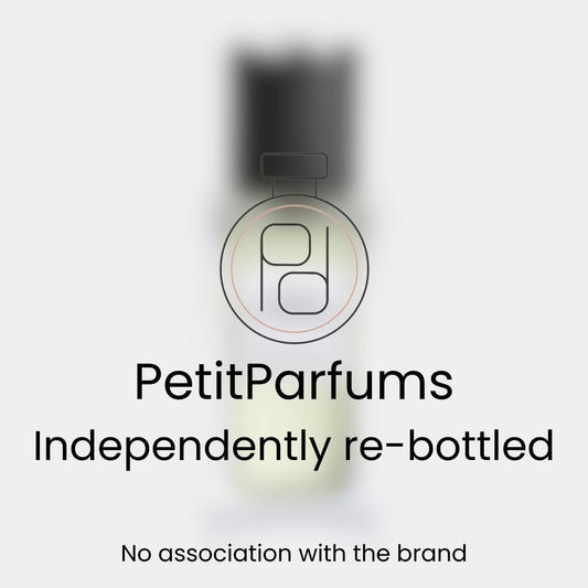 A small, elegantly designed bottle labeled as 'Grain de Poudre Sample' from PetitParfums, indicating it is independently re-bottled with no direct association to the original brand.