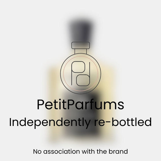 A small sample bottle labeled 'Royal Oud Sample' by PetitParfums, featuring a minimalist design. The bottle is re-bottled independently, with a disclaimer noting no association with the original brand.