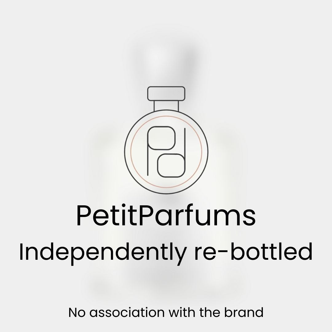 A bottle labeled 'Royal Water Sample' by PetitParfums, featuring a simple design with a stylized perfume bottle logo. The text indicates that it is independently re-bottled with no association to the original brand.