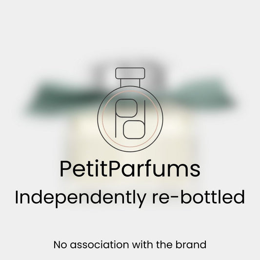 Eau de Parfum Naturelle Sample by PetitParfums, featuring a simple and elegant re-bottled design, showcasing a soft blurred bottle with a green cap. The image emphasizes that it is independently re-bottled with no association to the original brand.