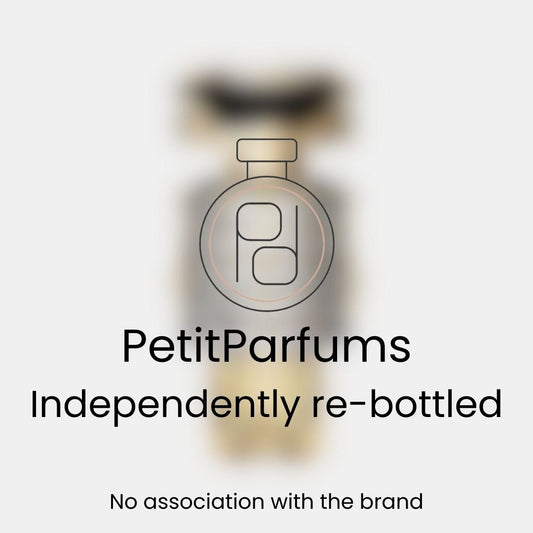 Fame Sample by Petit Parfums, showcasing a re-bottled fragrance with a sleek design. The label indicates no association with the original brand.