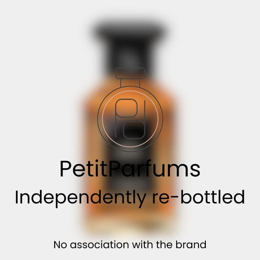 A blurred image of a bottle labeled 'Rose Barbare Sample' by PetitParfums, showcasing an elegantly designed container typically used for fragrance. The background is soft and neutral, emphasizing the product.