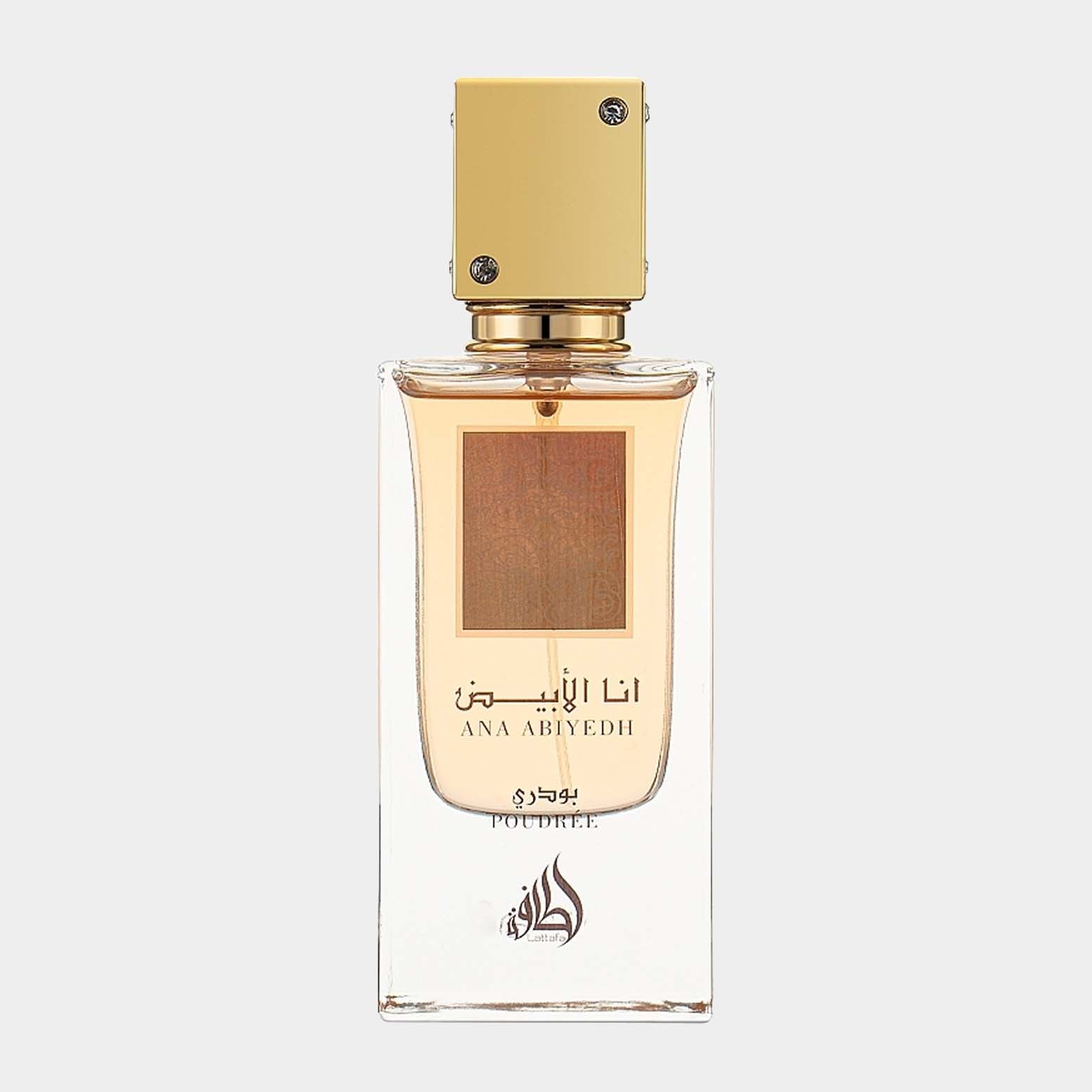 A sleek, clear bottle of Lattafa Ana Abiyedh Poudrée, featuring a gold cap and a minimalist design, showcasing the elegant fragrance within.