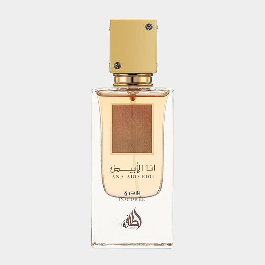 A sleek, clear bottle of Lattafa Ana Abiyedh Poudrée, featuring a gold cap and a minimalist design, showcasing the elegant fragrance within.