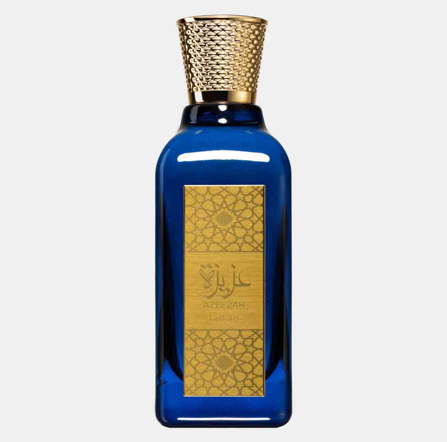 Azeezah by Lattafa Perfumes is a luxurious sample fragrance presented in an elegant blue bottle with a decorative gold label and a textured gold cap. The design reflects a blend of modern and traditional elements, showcasing the essence of the perfume.