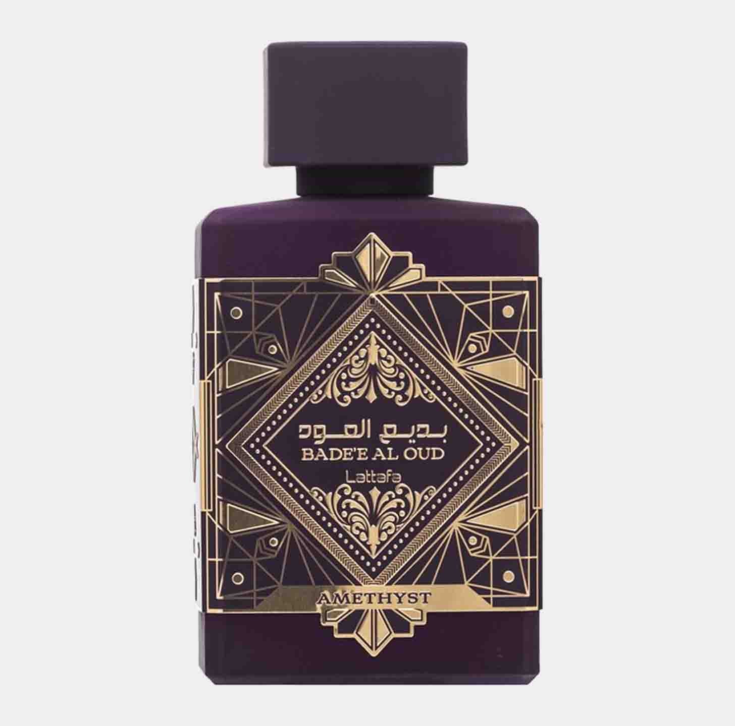 Lattafa Perfumes Amethyst Sample showcasing an elegant purple bottle with intricate gold geometric design and a decorative label.