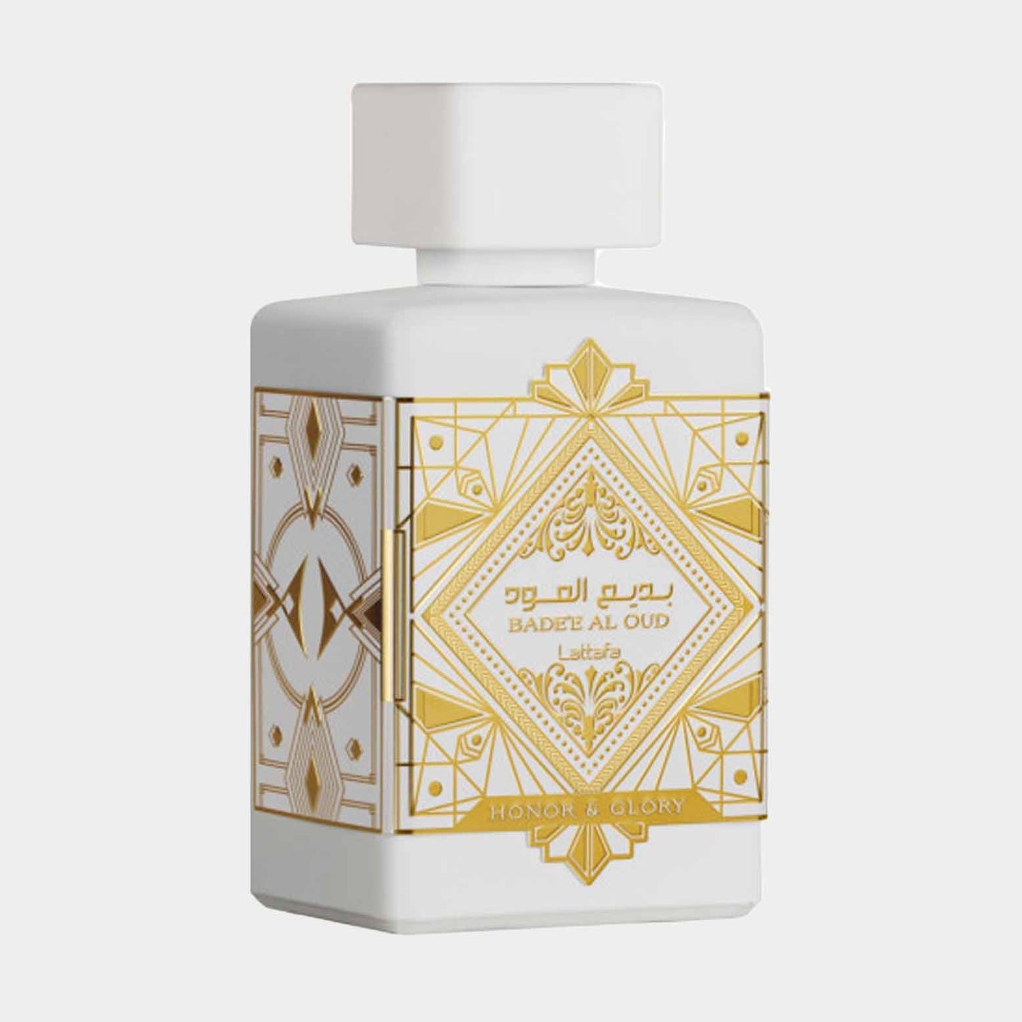 A full bottle of Lattafa Bade'e Al Oud Honor and Glory perfume, featuring an elegant white design with intricate gold accents and geometric patterns. The label prominently displays the name Honor & Glory.