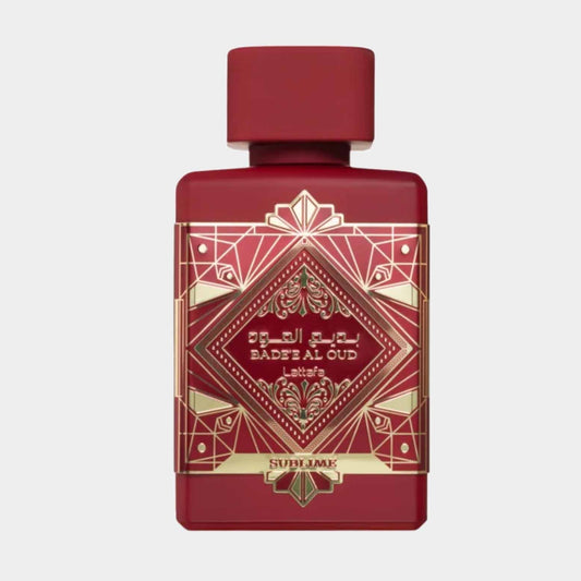 A luxurious red bottle of Lattafa Bade'e Al Oud Sublime Sample, featuring intricate gold accents and an ornate geometric design, embodying an elegant and rich fragrance experience.